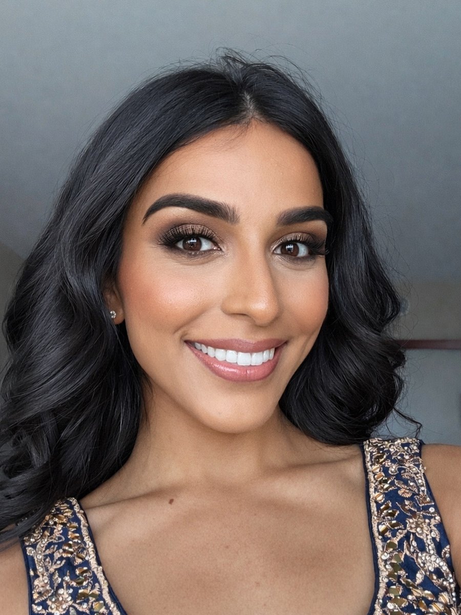 South Asian bridal makeup by Xander Tang, soft glam with glowing skin and defined eye